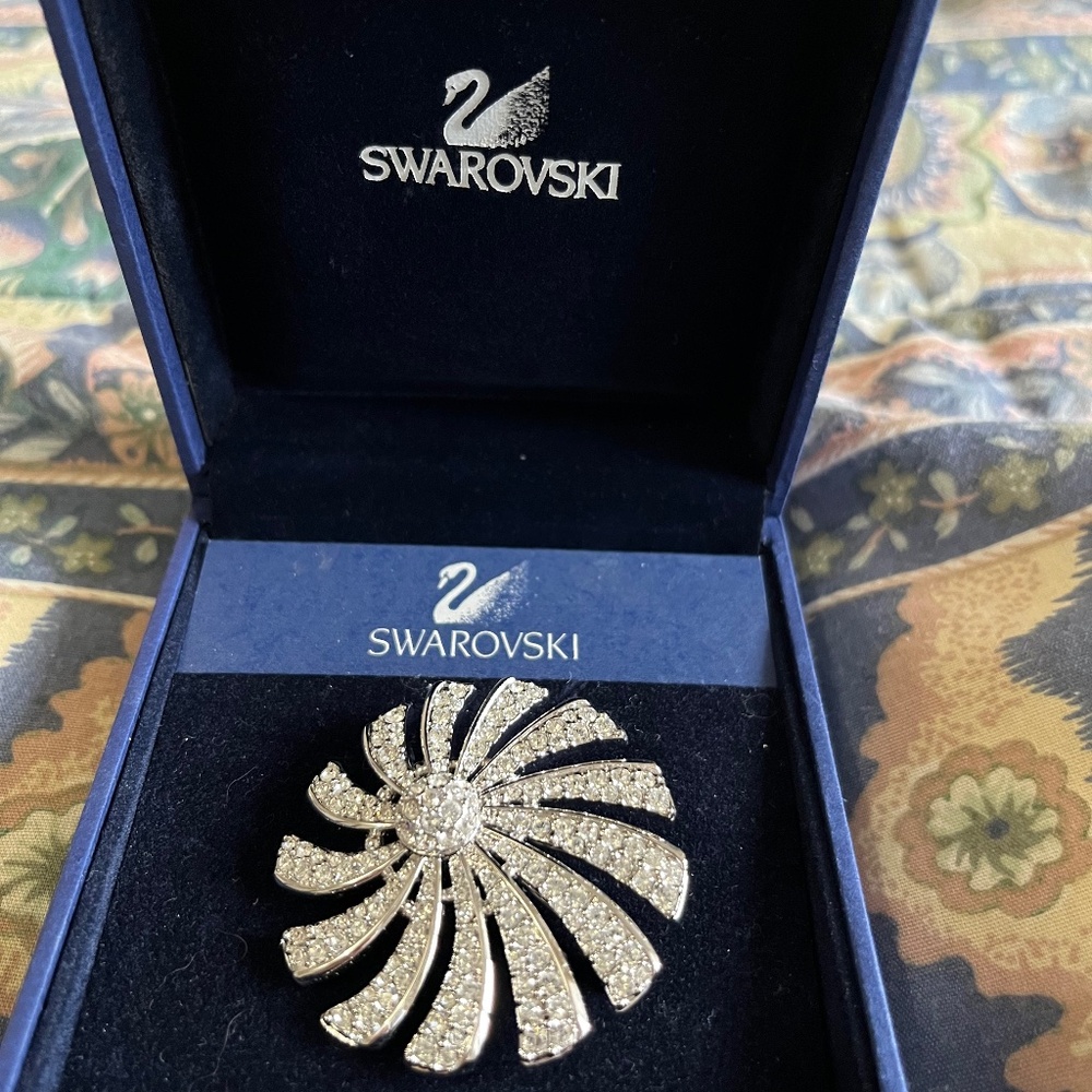 Signed Swarovski Pin Brooch Rhodium Plated Swirl with Clear Crystals